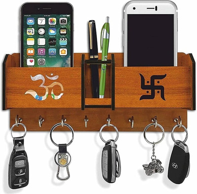 GS MULTISTORE Om Swastik 2 Pocket Pen Stand 8 Hook Wood Key Holder Wood Key Holder(8 Hooks, Brown)