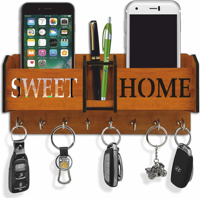 KK CRAFT Sweet Home Wooden Key Holder For Living Room Wall Decor Wood Key Holder (8 Hooks, Brown) For Rs. 89 @ 44 %