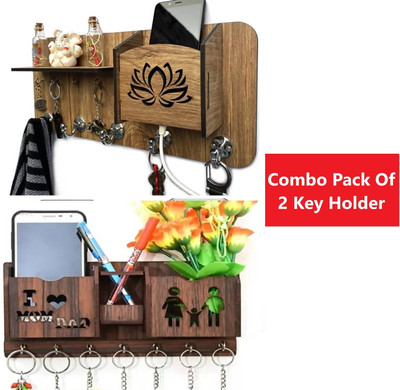 KK CRAFT Wooden Key Holder For living Room Wall Decor, Pack Of 2 Wood Key Holder(8 Hooks, Brown)