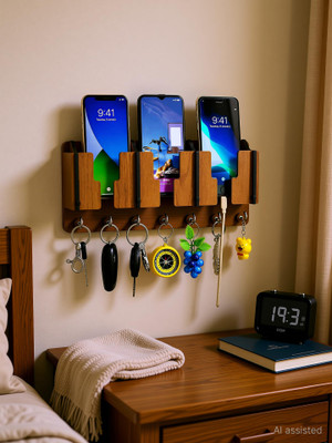 NewCrafts 3 Pocket Mobile Stand Holder for Wall |Furniture for Home Wood Key Holder(8 Hooks, Brown)