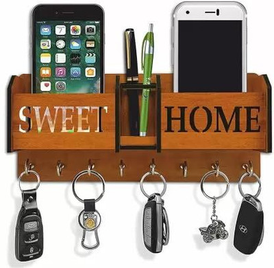 shree balaji desings Wooden Sweet Home Key Holder with Mobile Stand and Mobile Charging Wood Key Holder(8 Hooks, Brown)