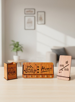 Sakha Sai Wooden Key Holder Combo with Phone & Pen Stand | Wall Key Holder for Home Wood Key Holder(6 Hooks, Brown)