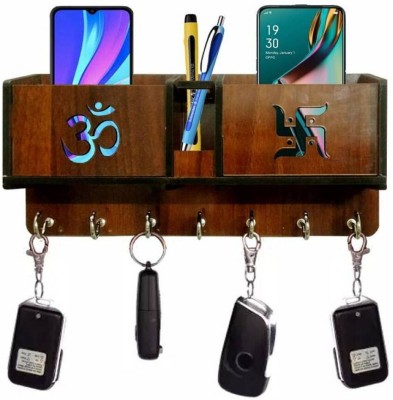 homeberry Swastik & Om Key Holder | Wooden Key Holder for Wall | Key Holder | Key Hanger Wood Key Holder(7 Hooks, Maroon)