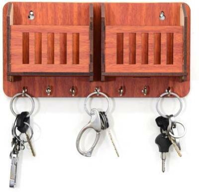 DecorEZ 2 pocket with pen stand holder for home office bedroom Design40 Wood Key Holder(7 Hooks, Brown)