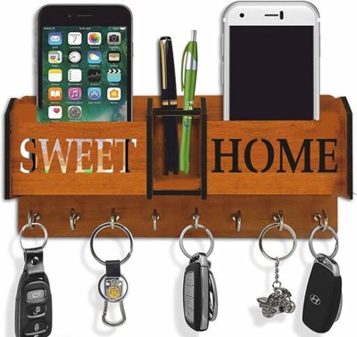 LAAYO Multipurpose 2 Pocket Pen/Accessories Stand Wood Key Holder(7 Hooks, Brown)