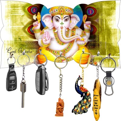VOMI Lord Ganesha Designer Wooden Key Holder with 7 Hooks Brown pack of 1 Wood Key Holder(7 Hooks, Multicolor)