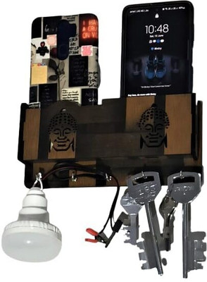 RAREION ENGINEERING Wooden Key Holder 5 key Holder with 2 Mobile Space and USB Data Cable Space Wood Key Holder(5 Hooks, Brown)