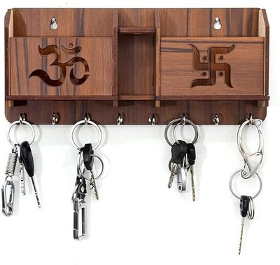 Grah Sajja Wooden Key Holder with Om & Swastik Symbols | 8 Hooks| Wall Mounted Organizer Wood Key Holder(8 Hooks, Brown)