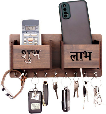 Flipkart SmartBuy Multipurpose Subh Labh Double Mobile Stand pocket for Home/Office/Kitchen Wood Key Holder(9 Hooks, Brown)