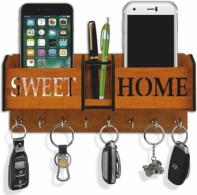 Pawandeep Sweet Home Wooden Key Holder with Mobile, Pen Stand for Room Decor Wood Key Holder(7 Hooks, Brown)