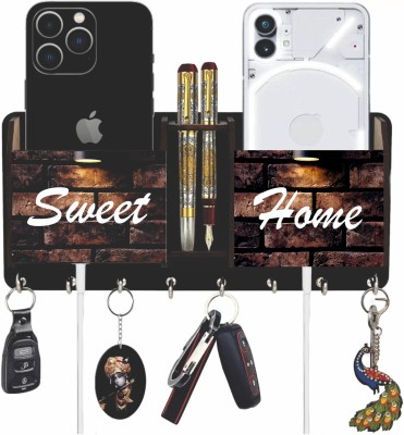 Tondwal Sweet home Wooden 2 Pocket Mobile and Pen holder (6 Hooks, black ) Wood Key Holder(6 Hooks, Black)