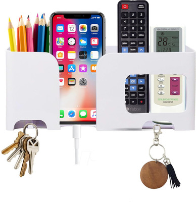 DSNS Mobile Charging Stand Keychain & Remote Holder, Pen-Pencil Organizer Pack OF 1 Plastic Key Holder(2 Hooks, White)