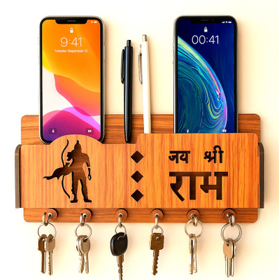 Sushobha traders Designer Engraved Jai Shree Ram & Standing Ram Multi-Functional Wall Mounted Wood Key Holder(6 Hooks, Brown)
