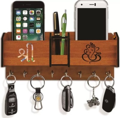 Pawandeep Wooden Mobile Key Holder & Key Orgniser Shree Ganesh Design Wood Key Holder(7 Hooks, Brown)