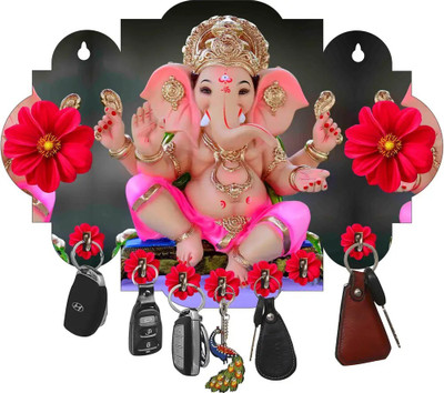 Grah Sajja Ganesh Wooden Key Holder for Wall Decorative Key Stand Wood Key Holder(7 Hooks, Multicolor)