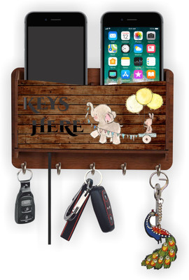 KK CRAFT Wall Decorative Wooden Key Holder With Storage Box And Mobile Stand Wood Key Holder(5 Hooks, Brown)