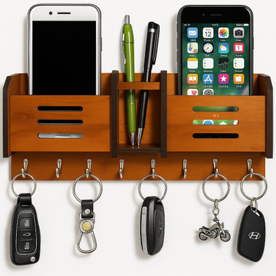 GS MULTISTORE Geometric Multipurpose Design Wood Key Holder 2 Pocket Pen Stand (Pack Of 1) Wood Key Holder(7 Hooks, Brown)