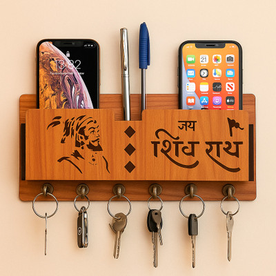 Sushobha traders Designer Wooden Engraved Jai Shiv Raje Multi-Functional Wall Mounted Wood Key Holder(6 Hooks, Brown)