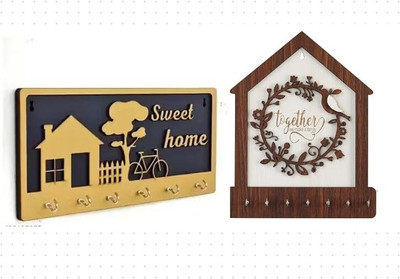 DECORDYNAMIC Set of 2 Sweet Home Wooden Key Chain Holder & Key Hanger Stand for Home Decor Wood Key Holder(7 Hooks, Brown)