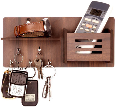 Flipkart SmartBuy Multipurpose Shelf with Mobile Stand Charging pocket for Home/Office/Kitchen Wood Key Holder(5 Hooks, Brown)