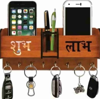 MRT Key Holder For Wall Home Design Mobile Phone Stand With Side Shelf Wood Key Holder(7 Hooks, Brown)