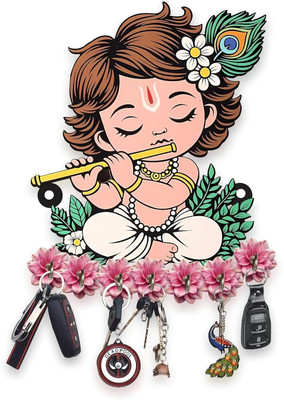 Kiya Craft N Canvas Krishna Wall Key Holder with Hooks – Cute Wooden Decorative Key Hanger Wood Key Holder(7 Hooks, Multicolor)