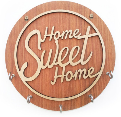 mitawa Home Sweet Home Round Shape Key Holder No of Hooks 5 Wood Key Holder(5 Hooks, Brown)