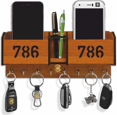 Urban handicrafts 786-786 Designer 8 hooks, 2 Pockets, mobile holder, pen holder, Wood Key Holder(8 Hooks, Brown)