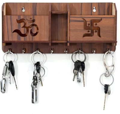 UNIQUEESTORES Wooden Om Swastik Home Wood Key Holder(7 Hooks, Brown)