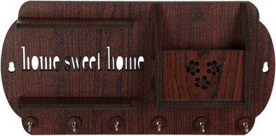 Unnati times Sweet home design multiple key holder and mobile stand Wood Key Holder(6 Hooks, Brown)