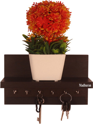 Madhuran Display 6 Hook Wall Mounted Wooden Key Holders with Shelf Wenge Wood Key Holder(6 Hooks, Black)