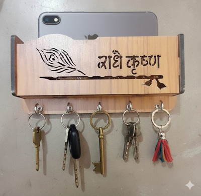 SinghRise Enterprises Key holder Radhey Krishna Wood Key Holder(5 Hooks, Brown)