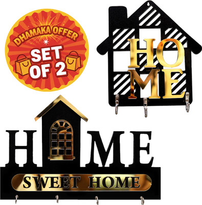 Canvibe KEY HOLDER11(1000) Wood Key Holder(4 Hooks, Black, Gold)