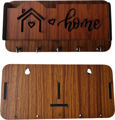 Hitech Sales Beautiful Designer Wooden Wall Shelf Keyholder with Mobile Holder Wood Key Holder(5 Hooks, Brown)