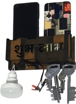 RAREION ENGINEERING Wooden Key Holder 5 key Holder with 2 Mobile Space and USB Data Cable Space Wood Key Holder(5 Hooks, Brown)