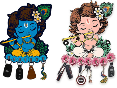 KAVIART Little Krishna Wooden Wall Key Holder Decorative Key Hanger for Home (2PCS) Wood Key Holder(7 Hooks, Multicolor)