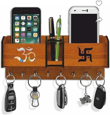 ALFCLOTHHOUSE Om Swastik Unique Key Hanger With 2 Pocket Mobile/Pen Stand Wood Key Holder(8 Hooks, Brown)