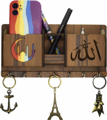 London Paree Allah key holder Designer wooden Key Holder With 2 Mobile Pocket and pen holder Wood Key Holder(7 Hooks, Brown)