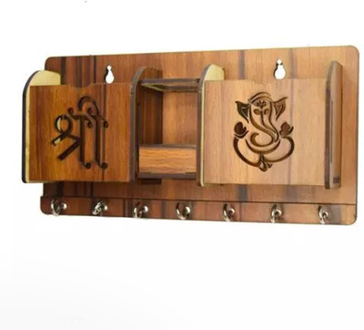 Weblot Shree Ganesh Designer 2 Pocket Mobile Pen holder 7 Hook Wood Key Holder(7 Hooks, Brown)