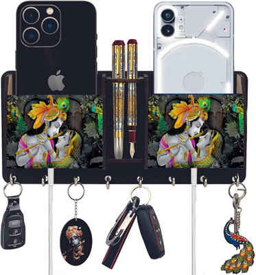 CAPIO ART Designer Radha Krishna Wood Key Holder(8 Hooks, Black)