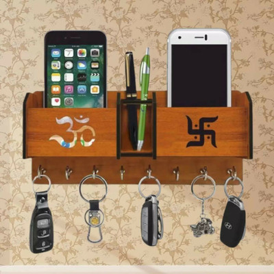 Niya Krafts OM Shape Wooden Keychain Holder With Mobile Stand,Pen Stand And 8 Hooks Wood Key Holder(8 Hooks, Brown)