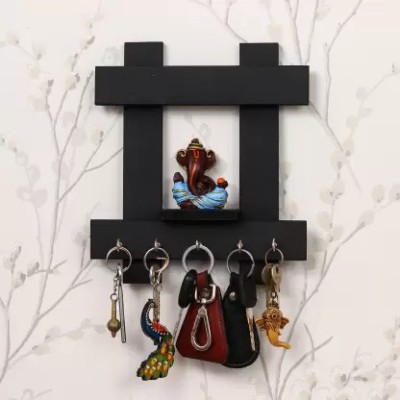 eCraftIndia Lord Ganesha Wooden Keyholder with 5 Key Knobs ( Pack of 2 ) Wood, Polyresin Key Holder(5 Hooks)