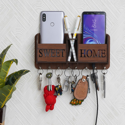 Niya Krafts sweet home design multipurpose 2 box 7 hook key holder Wood Key Holder(7 Hooks, Brown)