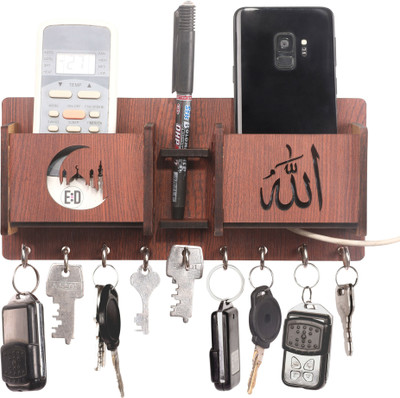 POCKESTER Allah 2 Pen Pocket with Double Mobile Stand Wood Key Holder(9 Hooks, Brown)