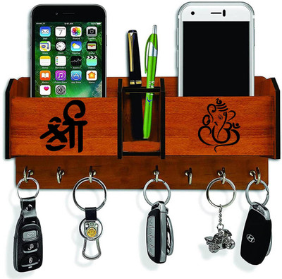 AAYOG CREATIONS Shree Ganesh Key Hanger And 2 Poket Wood Key Holder (8 Hooks, Brown) Wood Key Holder(8 Hooks, Brown)