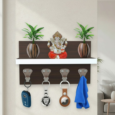 US DZIRE Home Decorative Wall Mount Key Hanger Wtih Shelf organiser Wood Key Holder(4 Hooks, Brown)