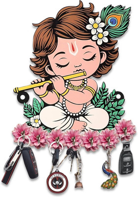 Crown Decoz Baby Krishna Wall Hanging Key Holder | Baby Krishna Flute Design Wood Key Holder(7 Hooks, Multicolor)