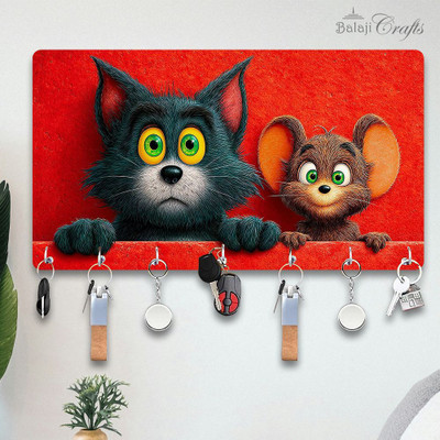 Balaji Crafts Tom and Jerry Cartoon Key Holder for Wall Wood Key Holder(7 Hooks, Multicolor)