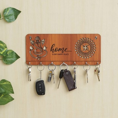 JaipurCrafts Premium Home is Our Happy Place Wooden Key Holder for Home and Office Decor Wood Key Holder(7 Hooks, Yellow)