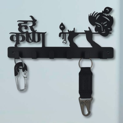 SHUCHI ESSENTIALS Shri Krishna - Rust-Proof Wall-Mounted Key Holder Stand (2 Pc)- Home,Office Mild Steel Key Holder(6 Hooks, Black)